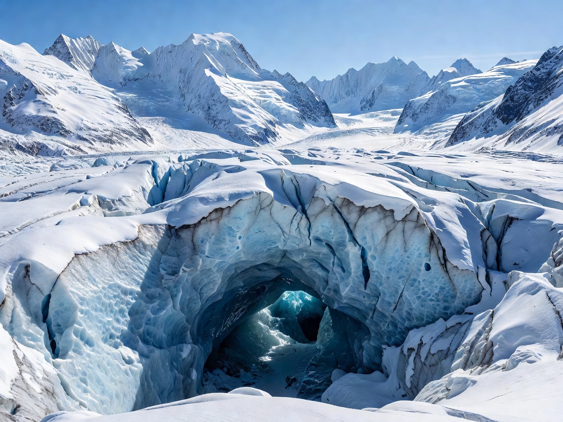 Rhône Glacier ice cavern and surrounding snowcapped Swiss Alps peaks