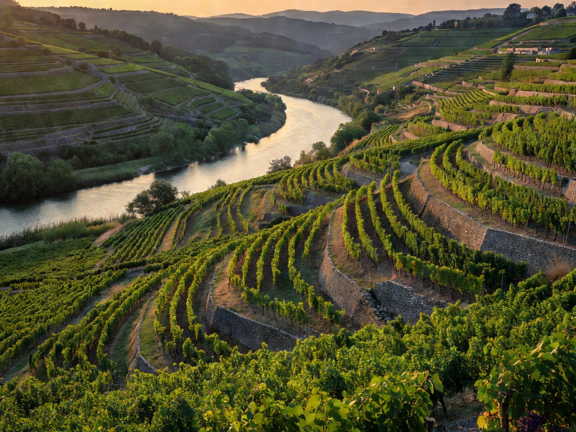 Terraced vineyards overlooking the Rhône river bend near Tain l'Hermitage